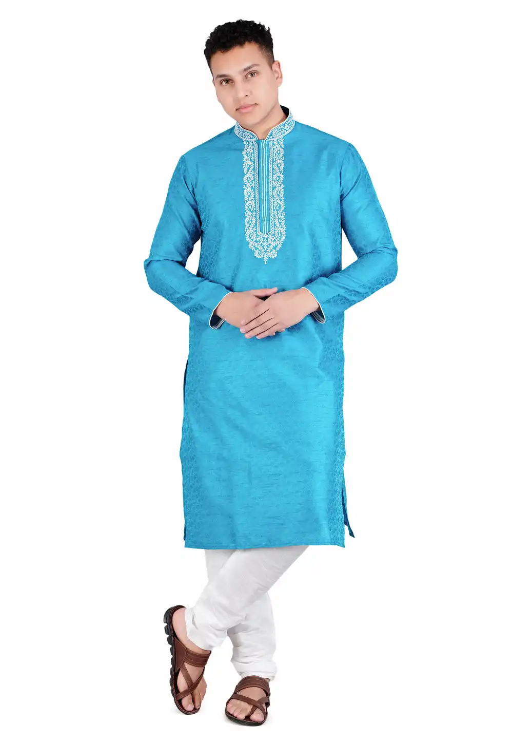 Sky Blue Satin Jacquard Kurta Pajama 278239