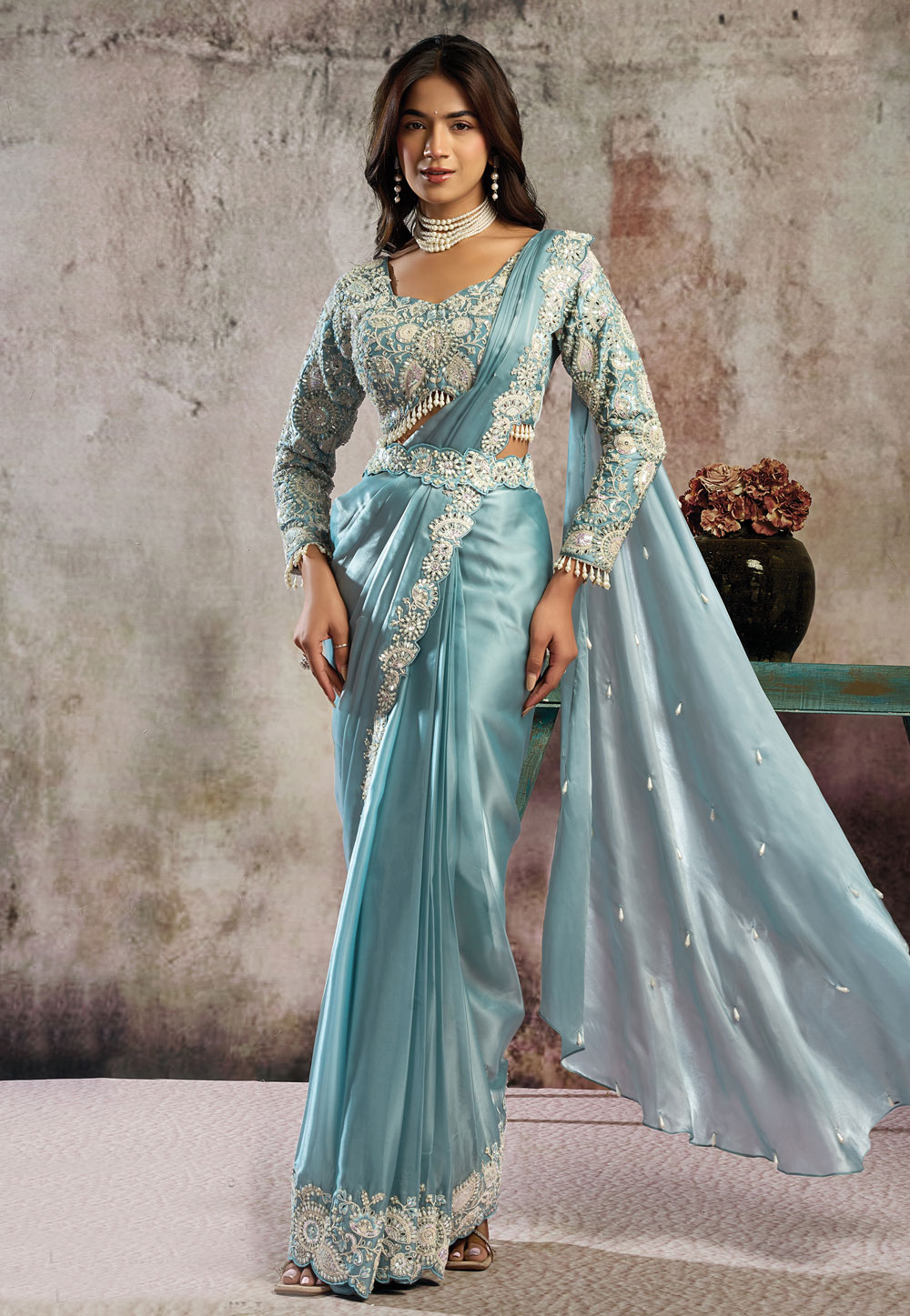 Sky Blue Satin Lehenga Saree 324400