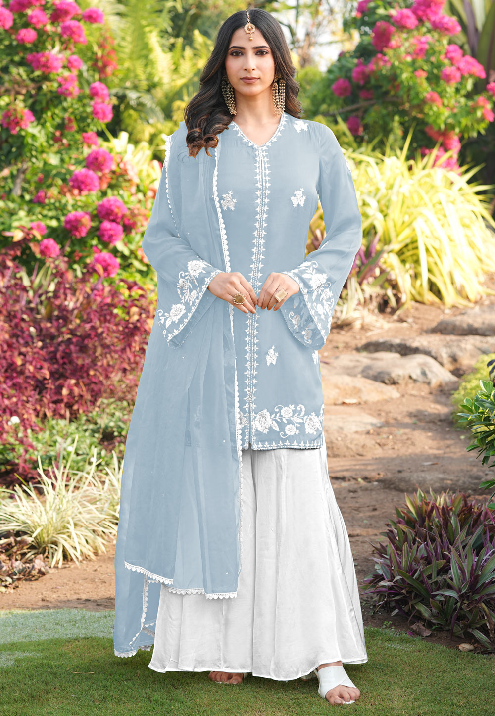 Sky Blue Satin Readymade Pakistani Suit 325057