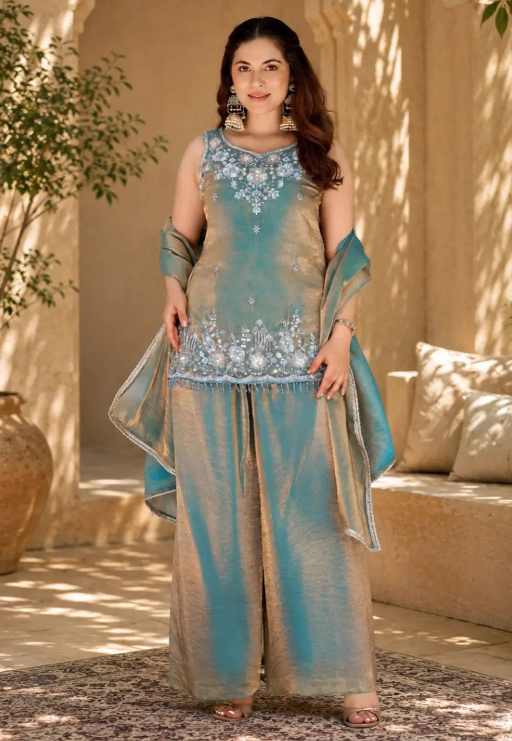 Sky Blue Satin Readymade Pakistani Suit 334426