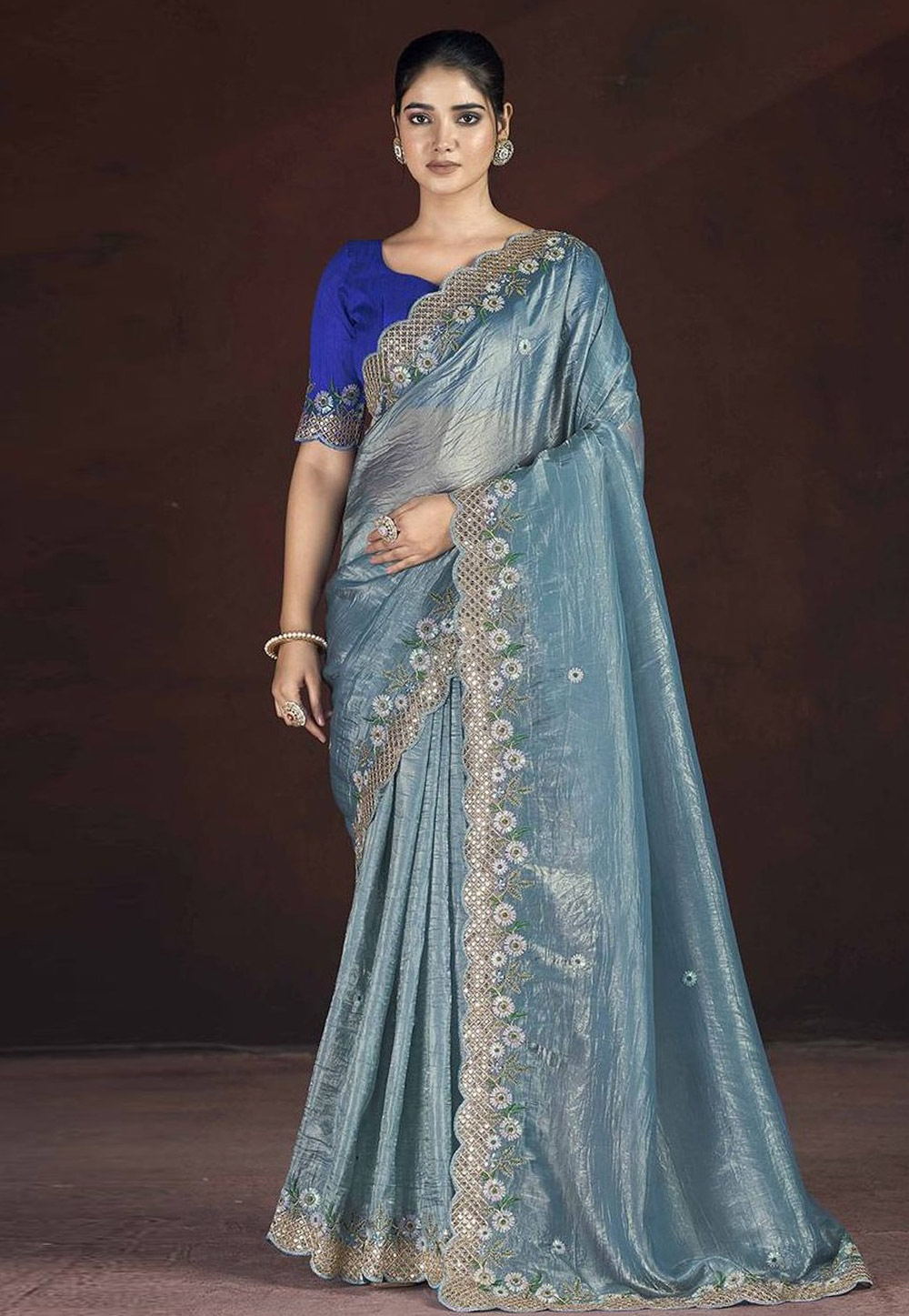 Sky Blue Satin Saree With Blouse 305218