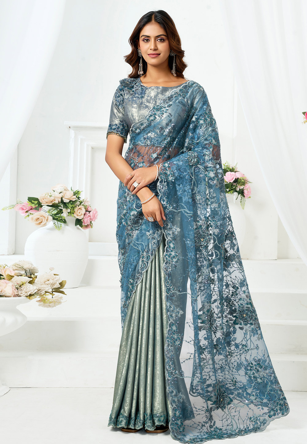 Sky Blue Satin Saree With Blouse 326858