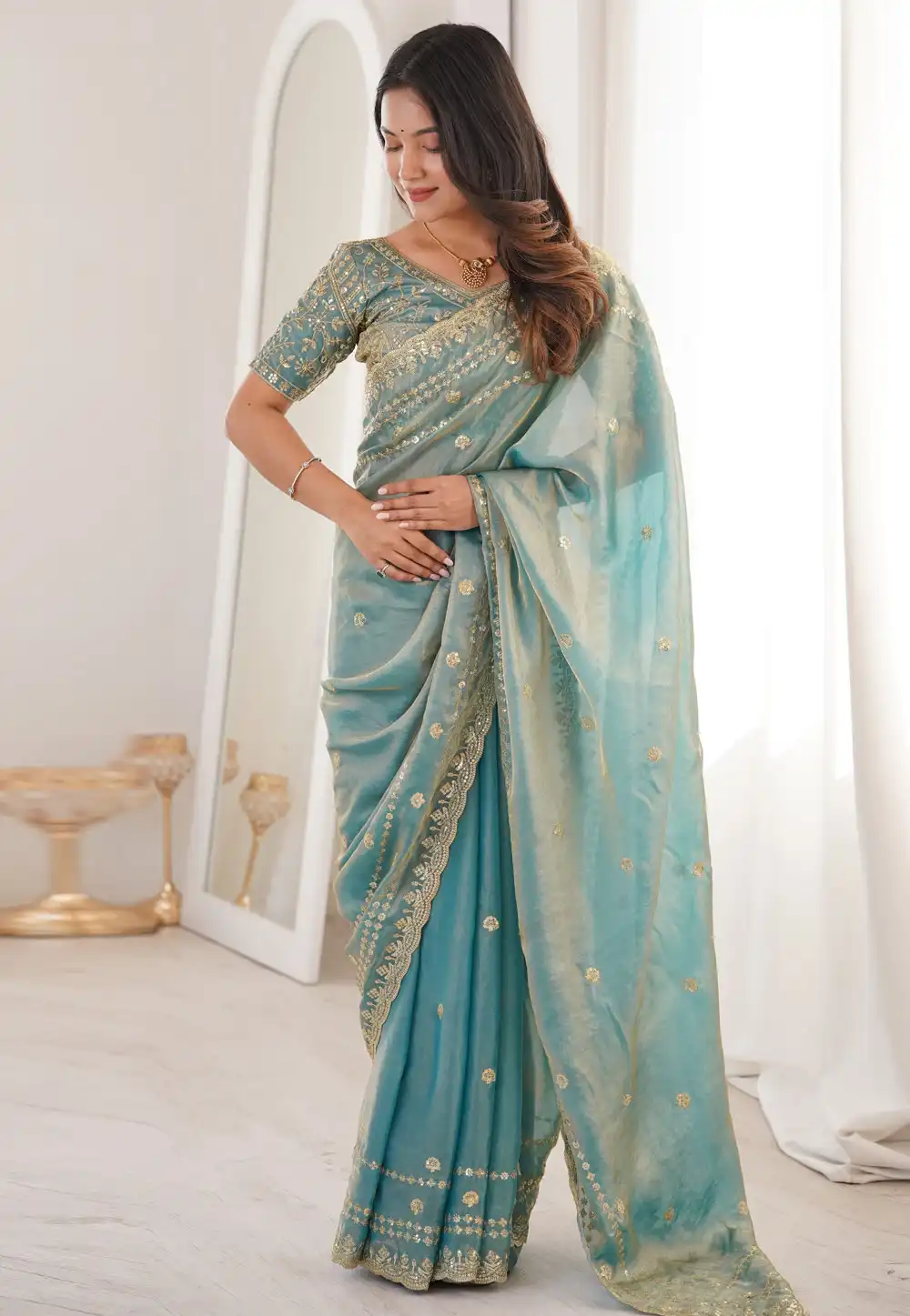 Sky Blue Satin Saree With Blouse 329558