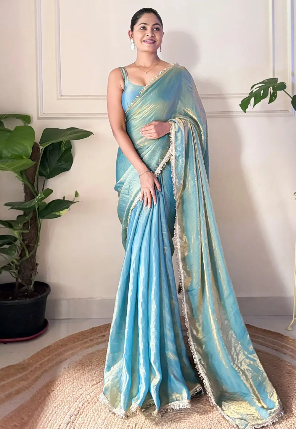 Sky Blue Satin Saree With Blouse 333587