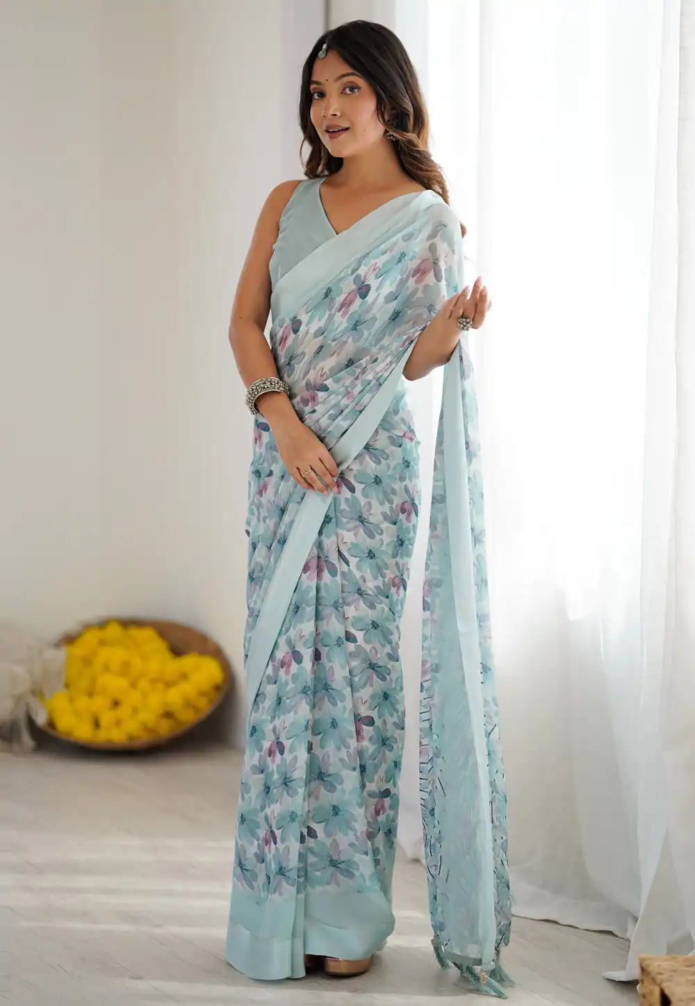 Sky Blue Satin Saree With Blouse 319283