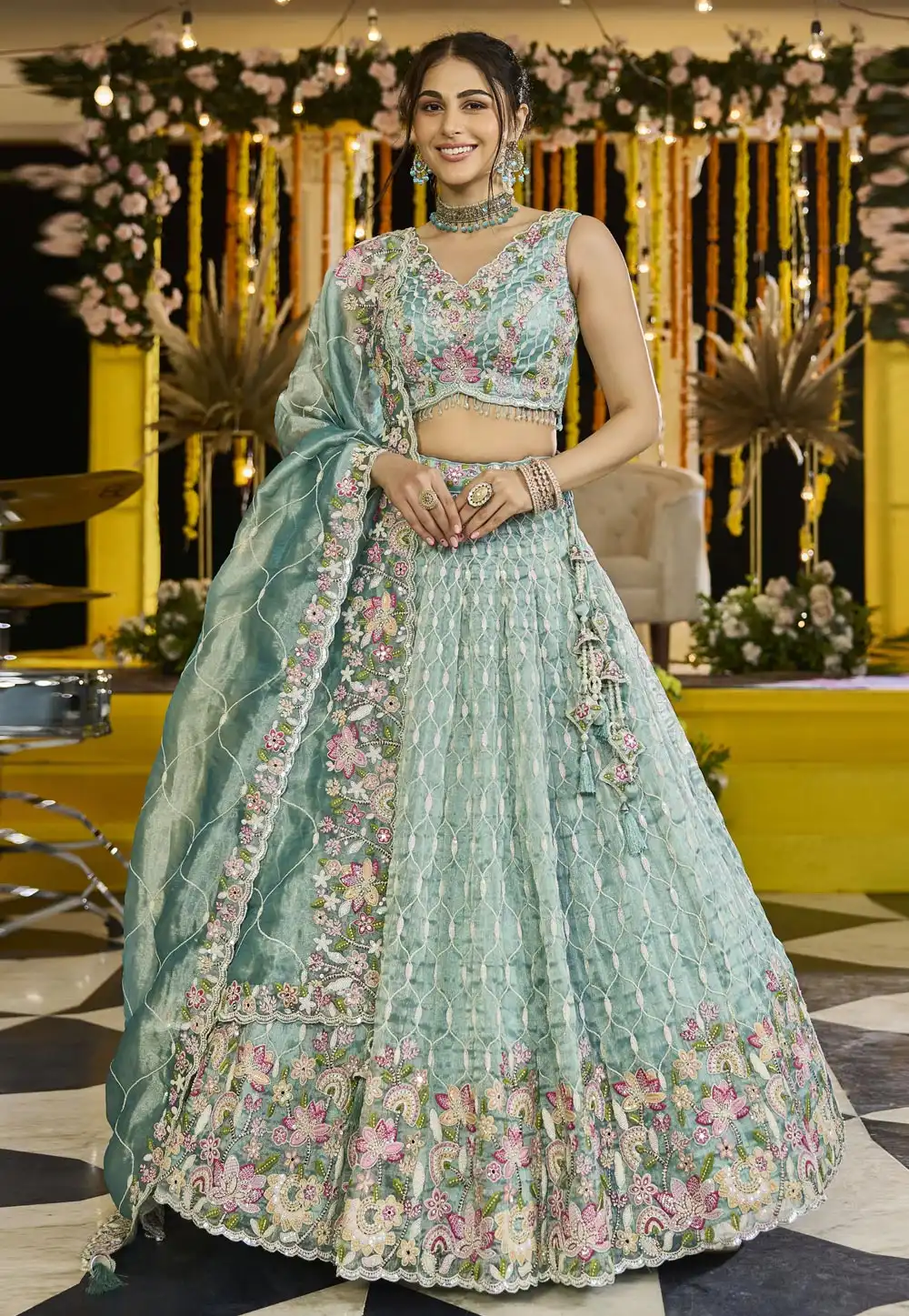 Sky Blue Satin Silk Circular Lehenga Choli 317420