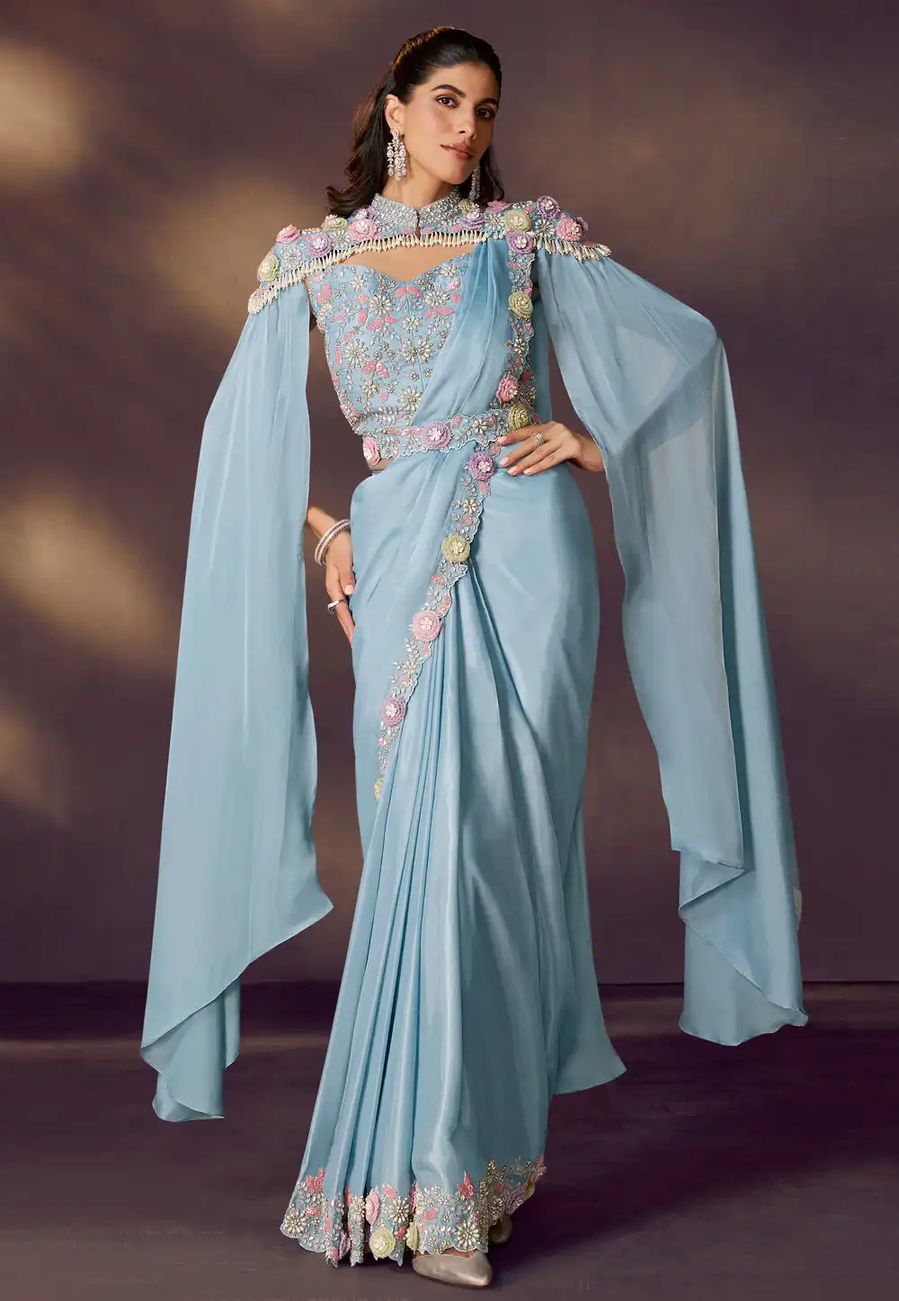 Sky Blue Satin Silk Designer Saree 318942