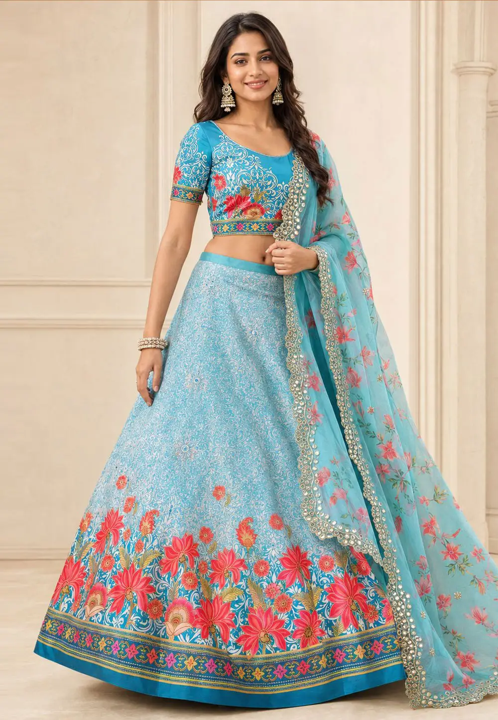 Sky Blue Satin Silk Floral Lehenga choli 334822