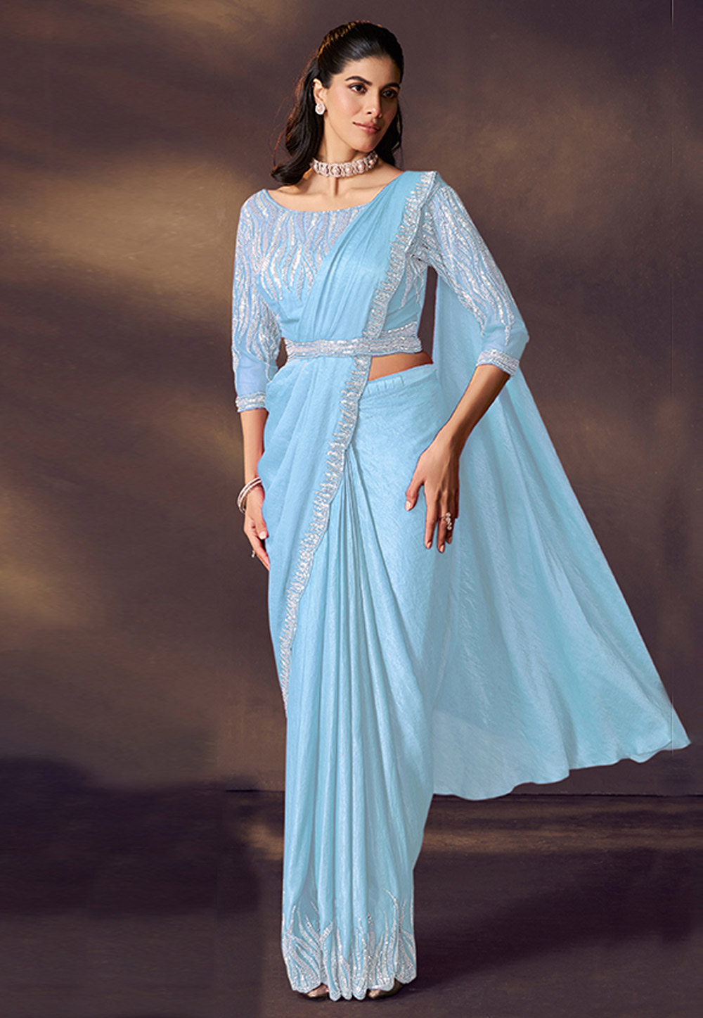 Sky Blue Satin Silk Lehenga Saree 325736