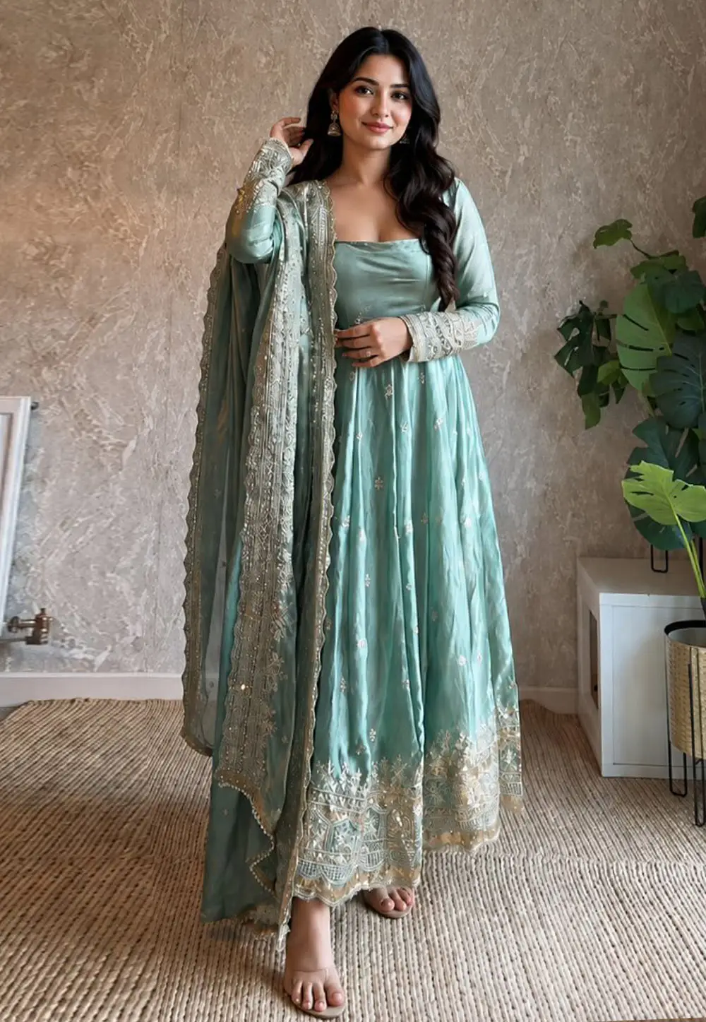 Sky Blue Satin Silk Readymade Anarkali Suit 333678