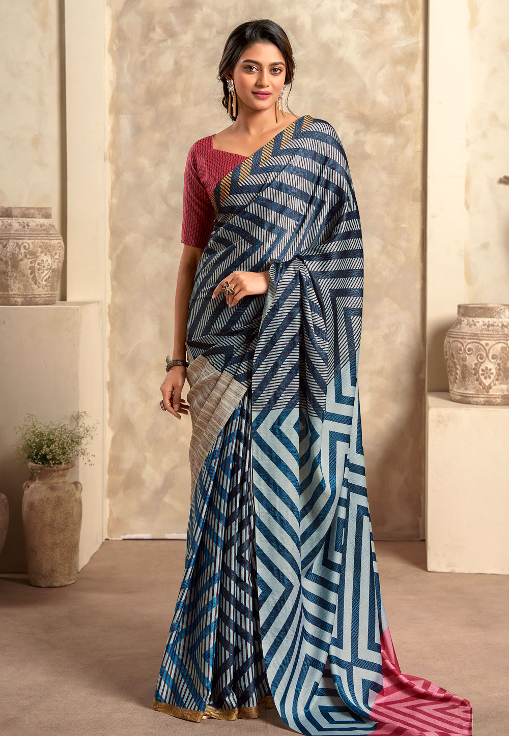 Sky Blue Satin Silk Saree With Blouse 278459