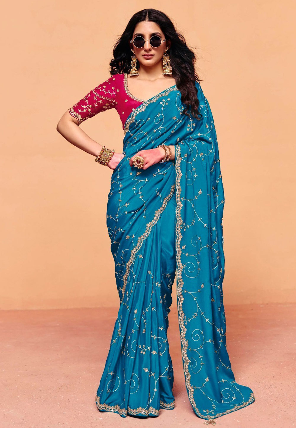 Sky Blue Satin Silk Saree With Blouse 326070