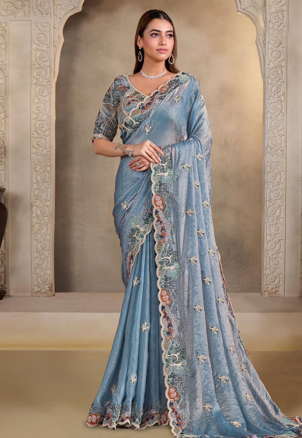 Sky Blue Satin Silk Saree With Blouse 318975