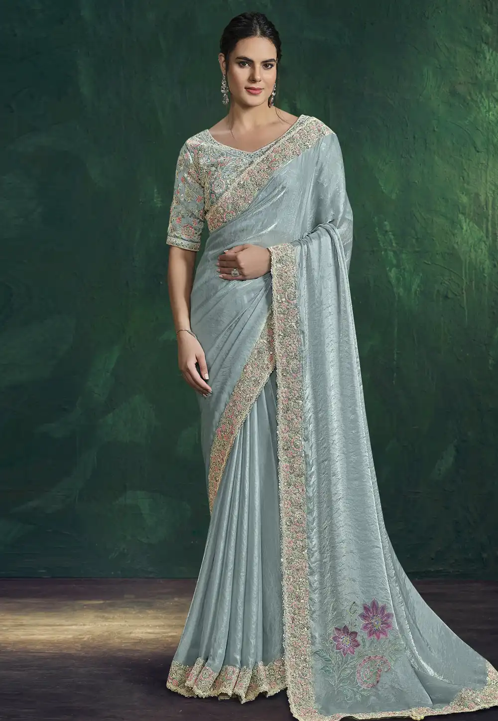 Sky Blue Satin Silk Saree With Blouse 322950