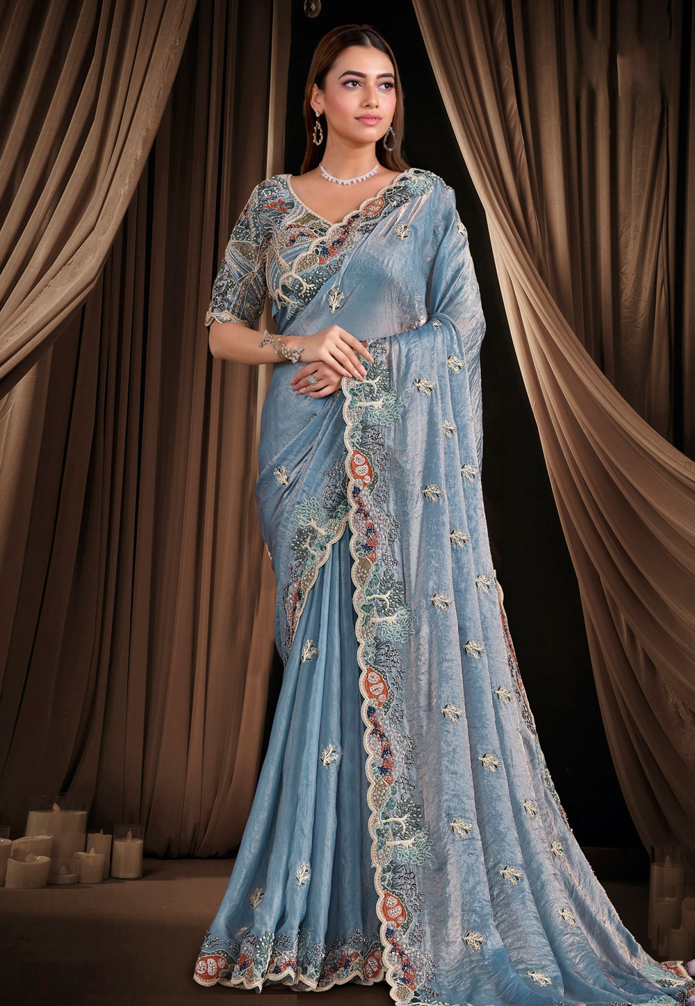 Sky Blue Satin Silk Saree With Blouse 325756