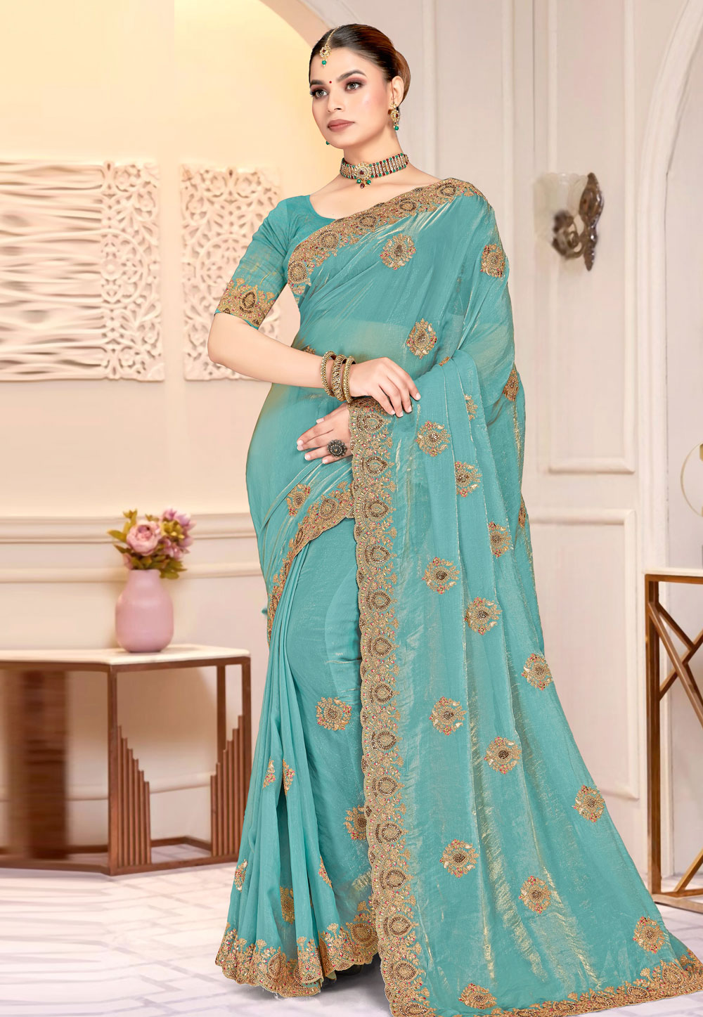 Sky Blue Satin Silk Saree With Blouse 318428