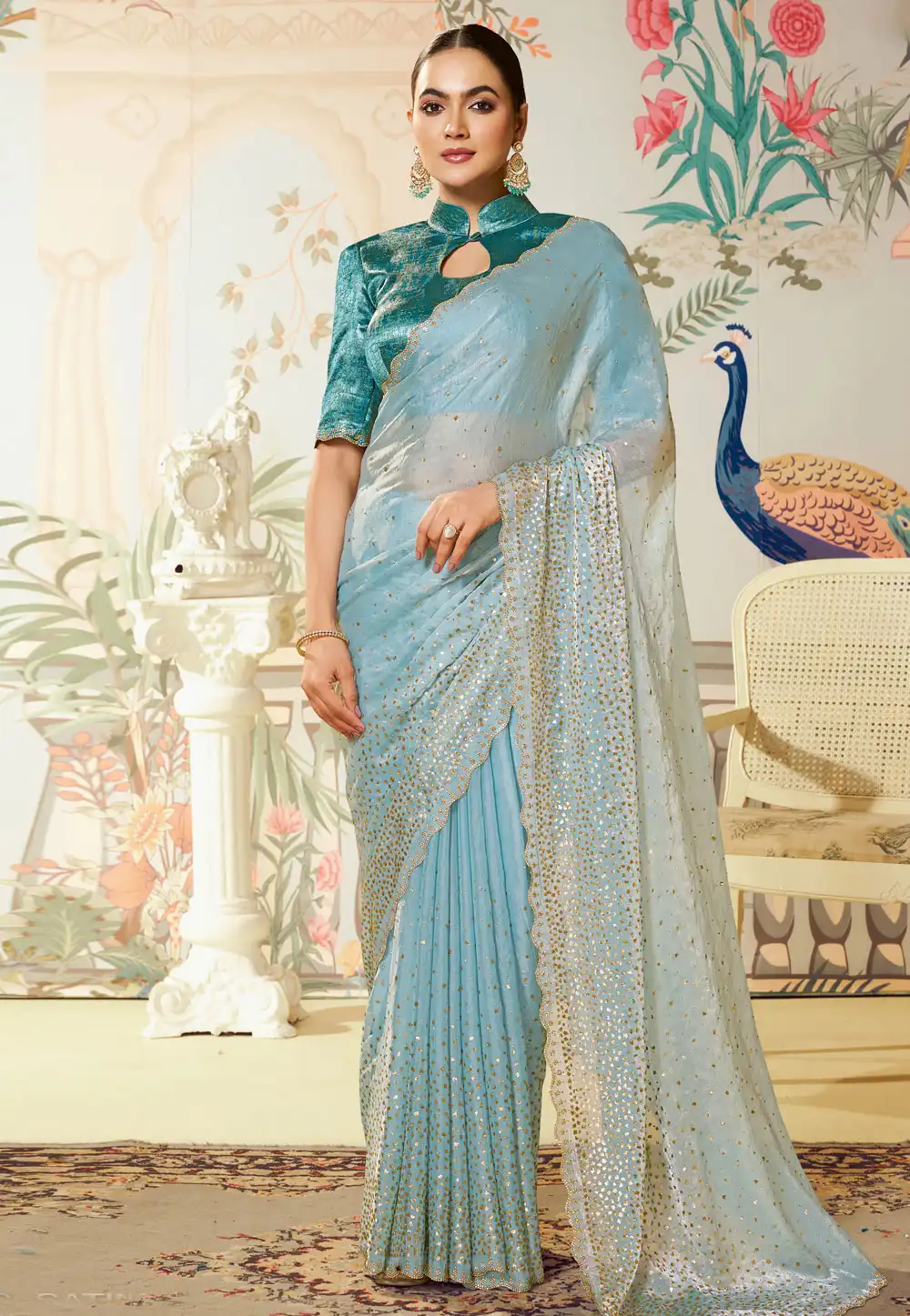 Sky Blue Satin Silk Saree With Blouse 317751