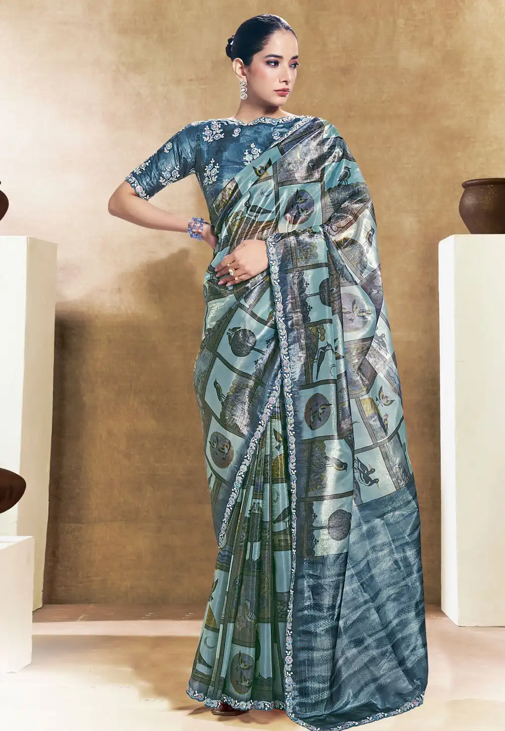 Sky Blue Satin Silk Saree With Blouse 328493
