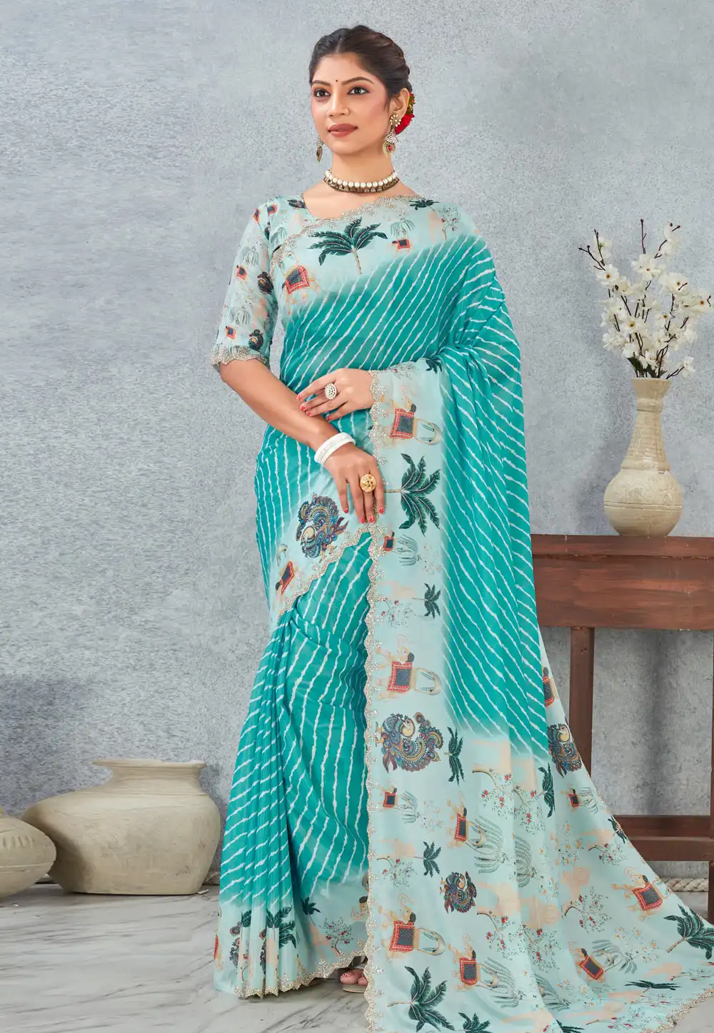 Sky Blue Satin Silk Saree With Blouse 318328
