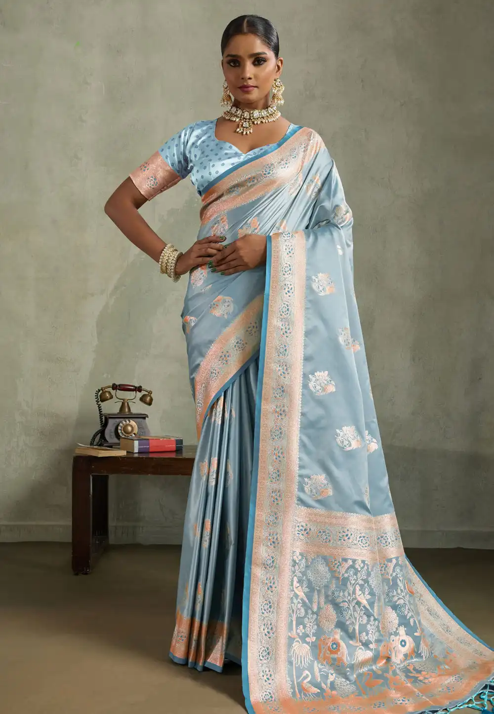 Sky Blue Satin Silk Saree With Blouse 317370