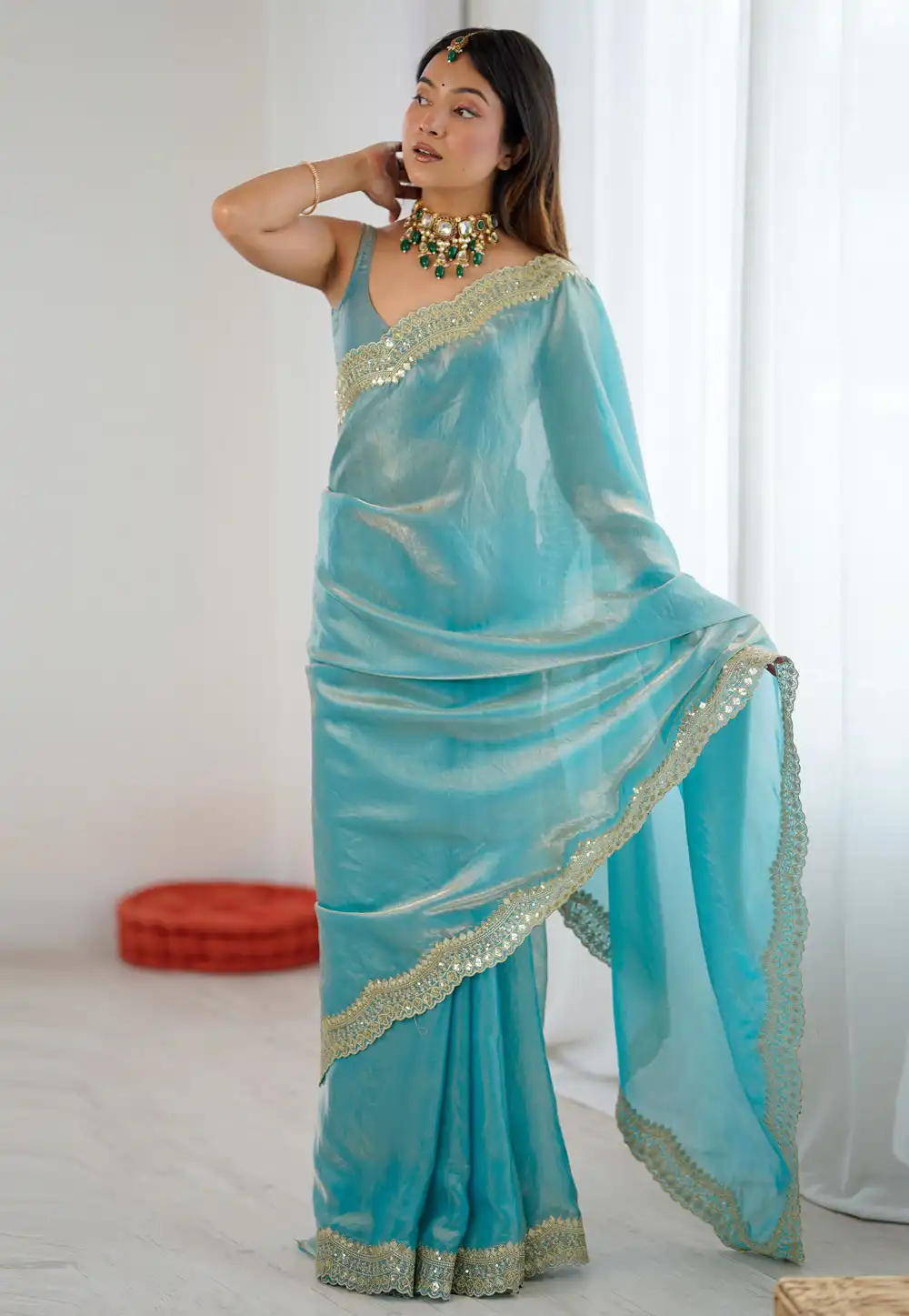 Sky Blue Satin Silk Saree With Blouse 326714