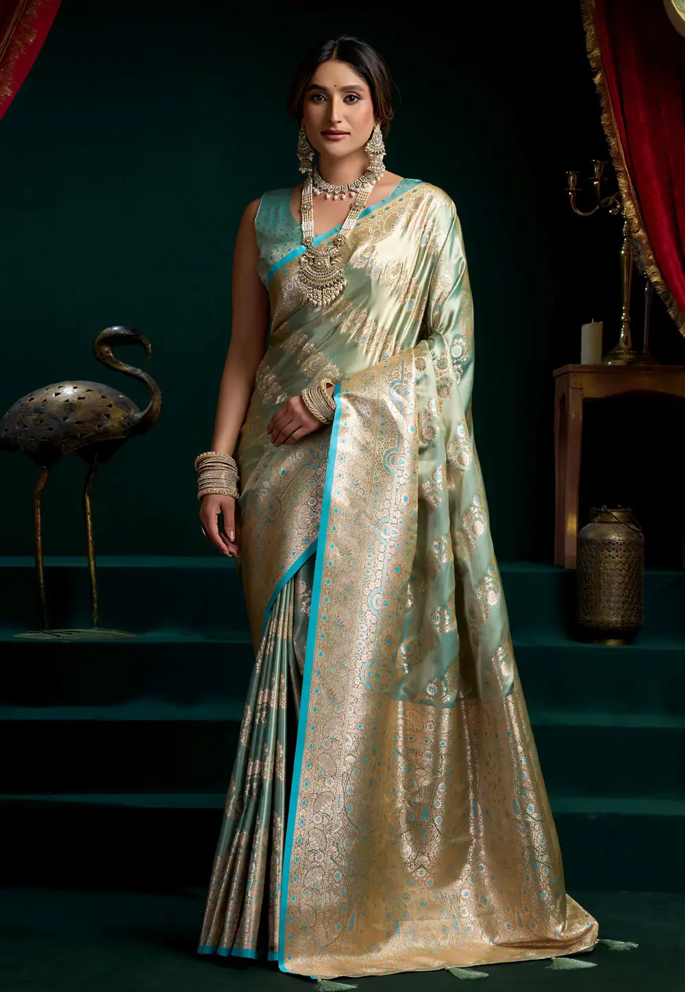 Sky Blue Satin Silk Saree With Blouse 336483