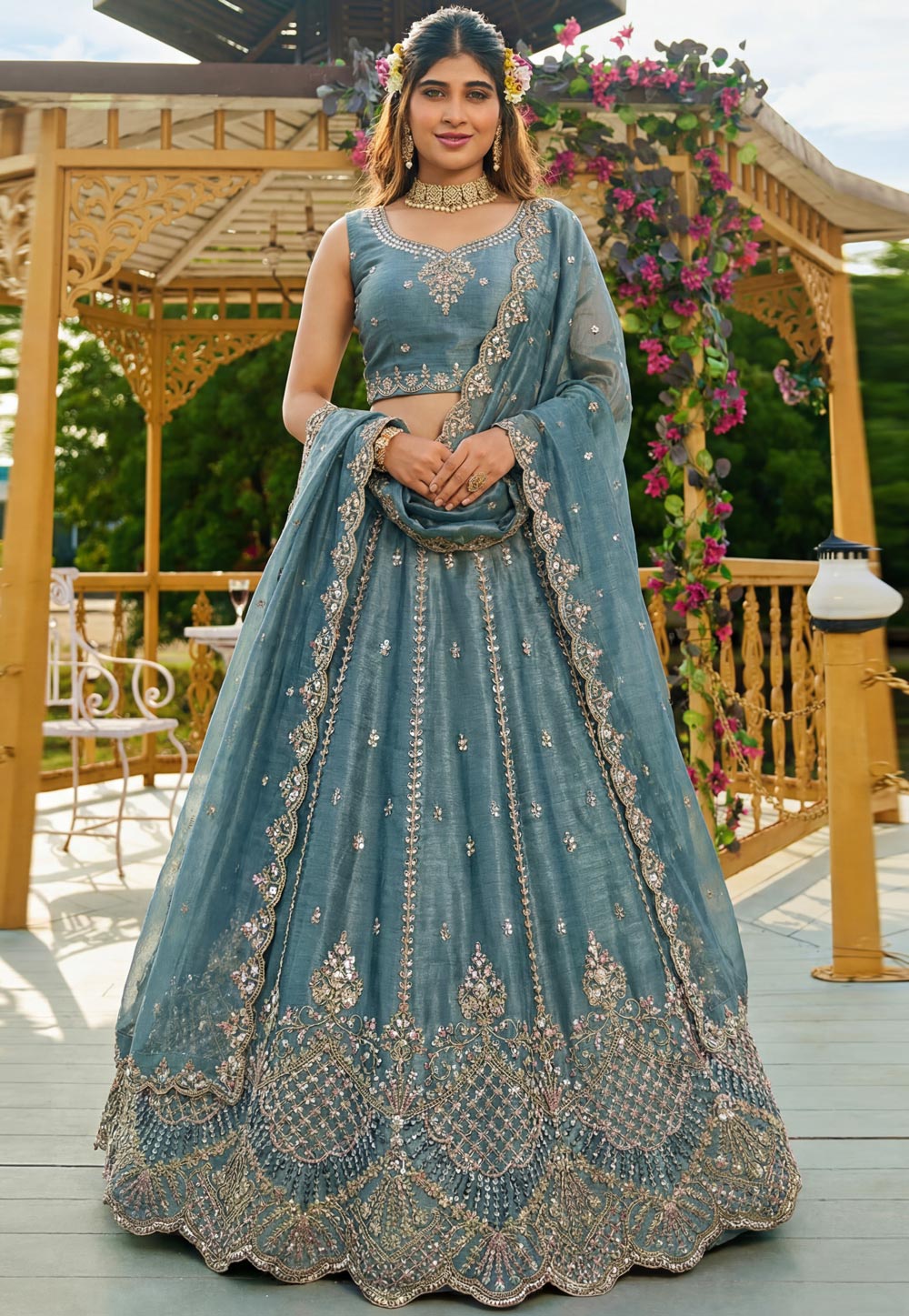 Sky Blue Satin Wedding Lehenga Choli 323507