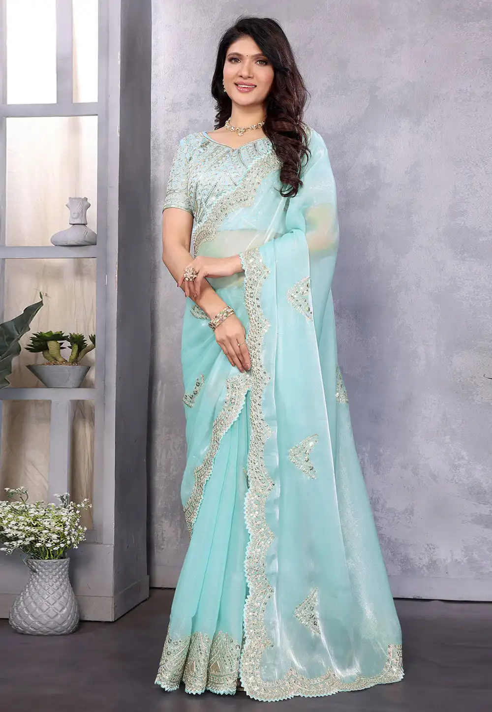 Sky Blue Shimmer Chiffon Saree With Blouse 316143