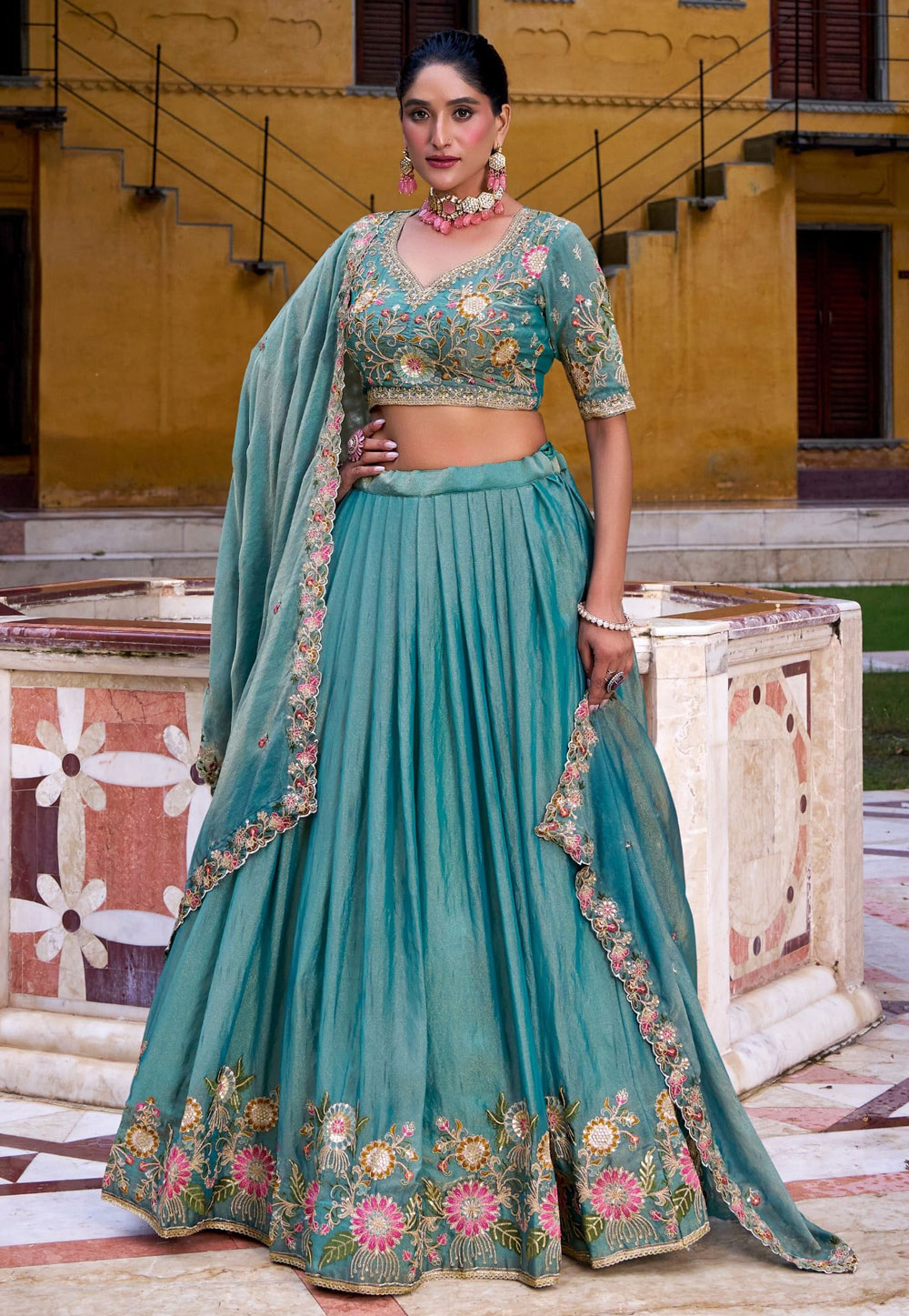 Sky Blue Shimmer Circular Lehenga Choli 318533