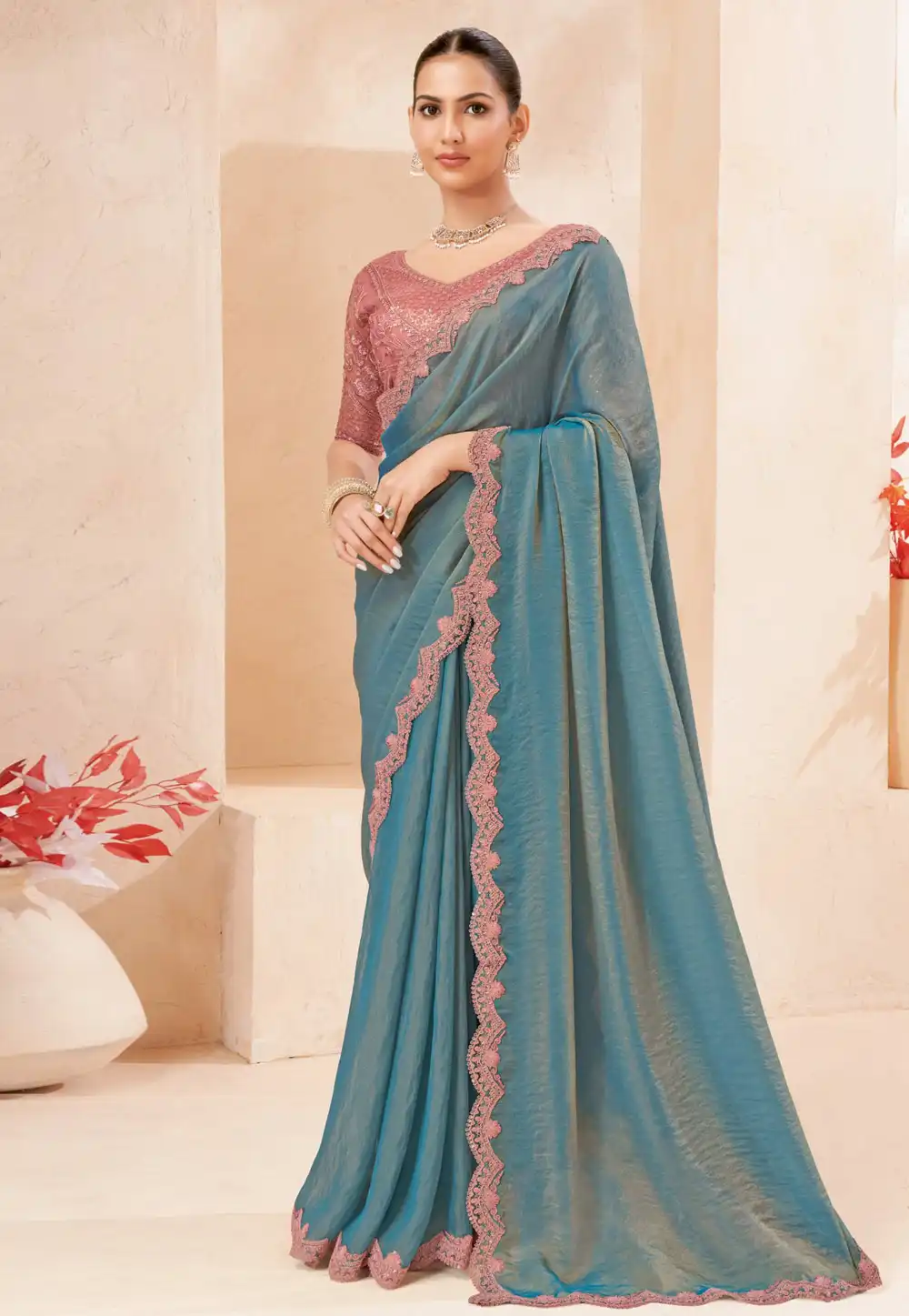 Sky Blue Shimmer Georgette Saree With Blouse 327641