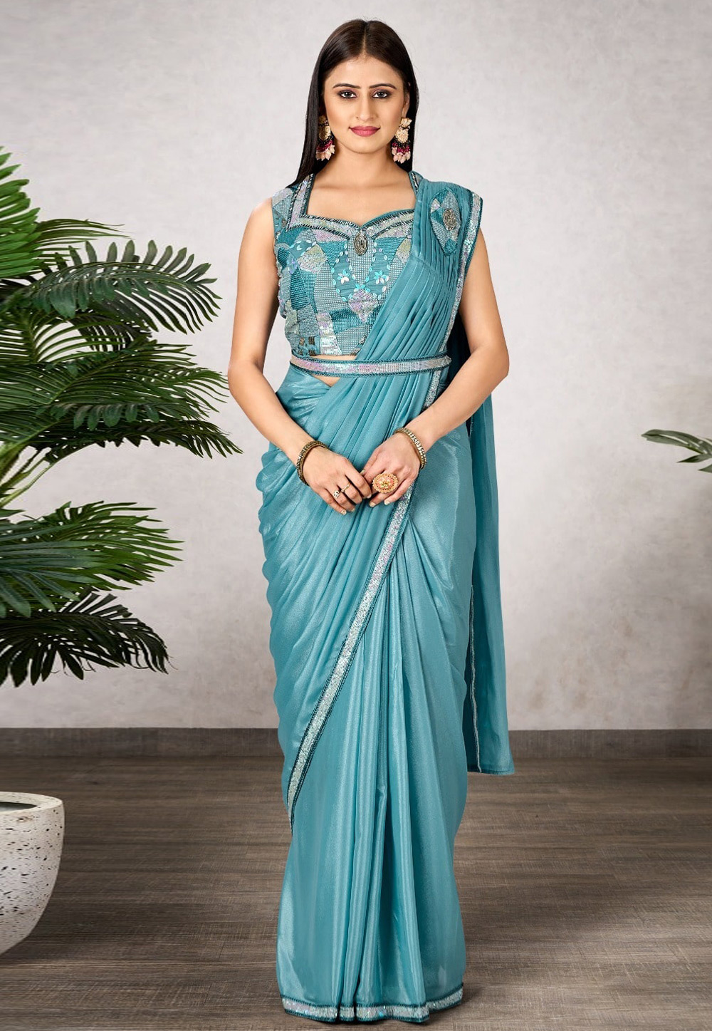 Sky Blue Shimmer Georgette Saree With Blouse 309413