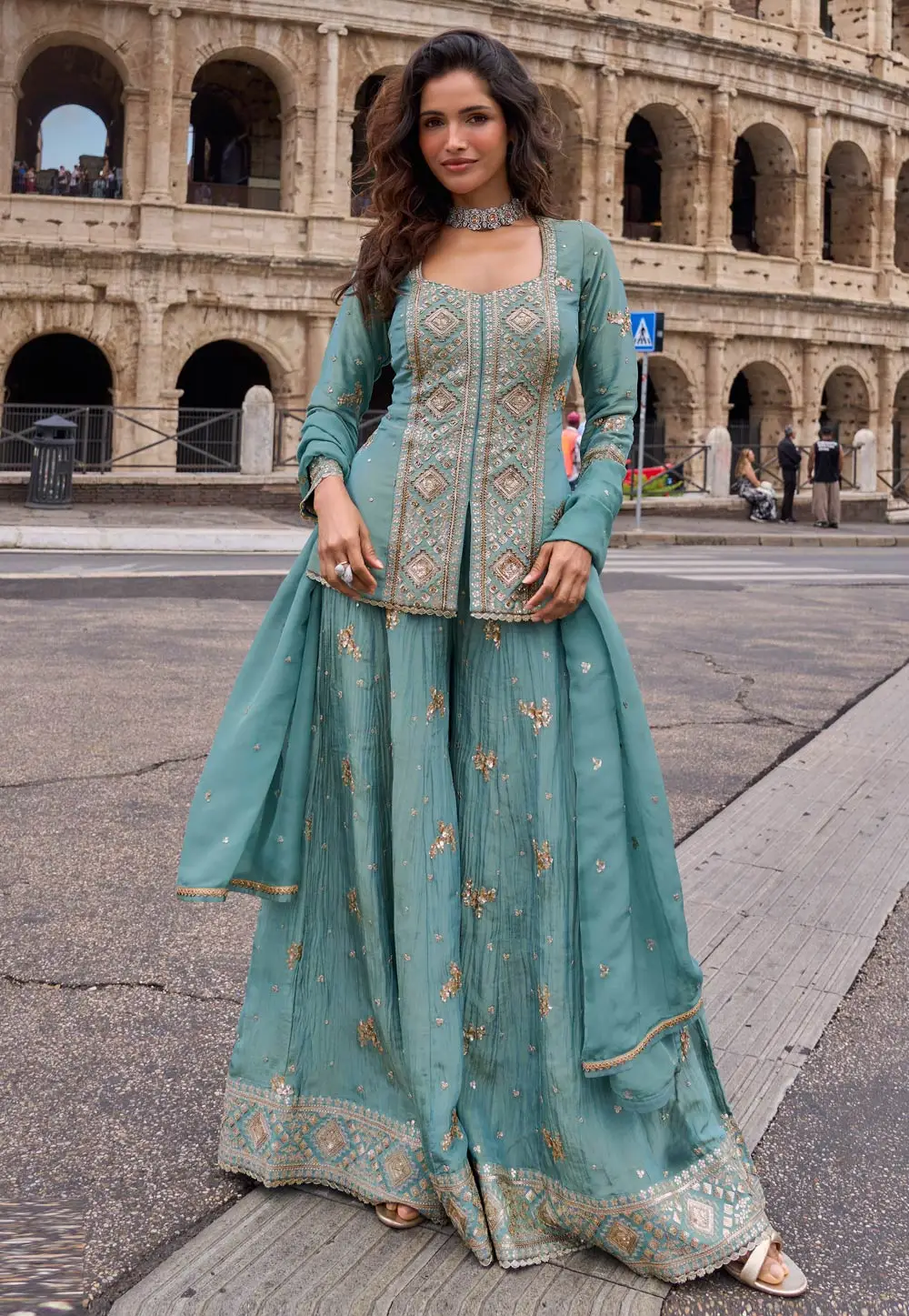 Sky Blue Shimmer Palazzo Suit 333567