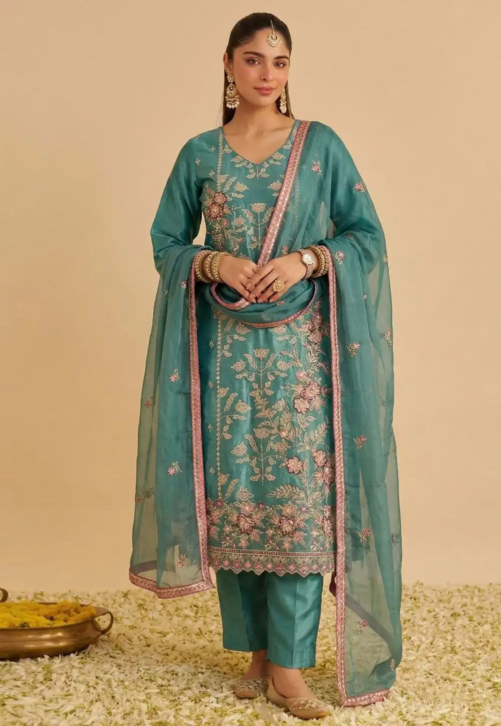 Sky Blue Shimmer Readymade Straight Suit 326963