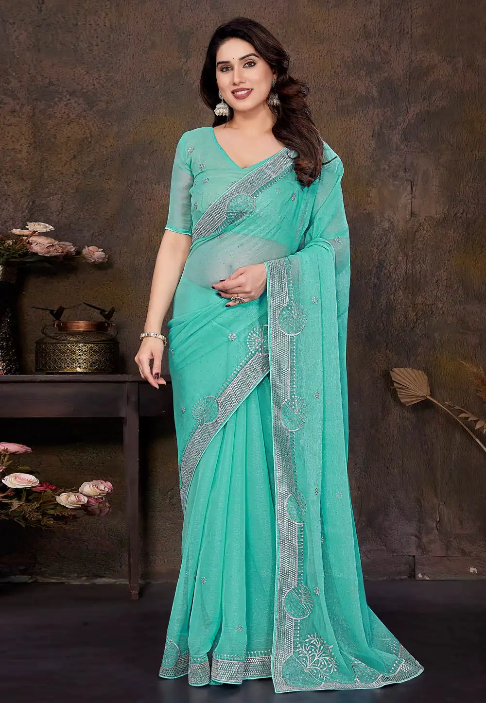 Sky Blue Shimmer Saree With Blouse 308853