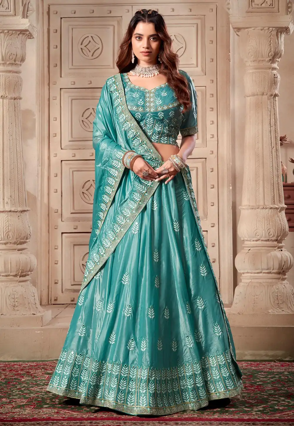 Sky Blue Silk A Line Lehenga Choli 293646