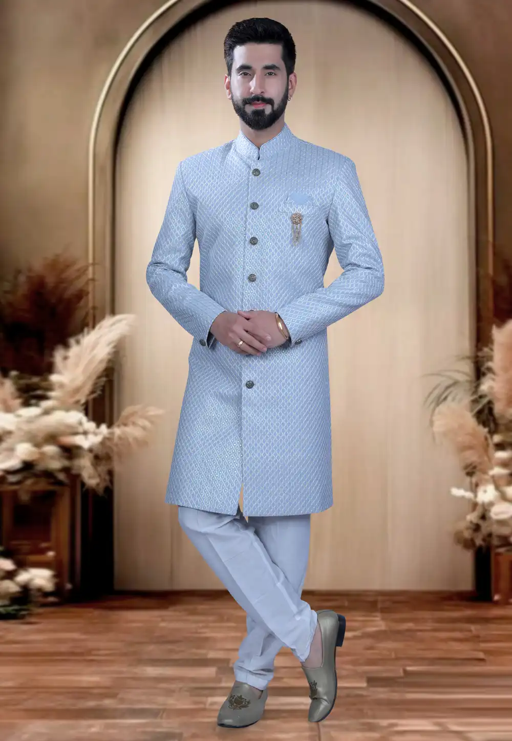 Sky Blue Silk Achkan Style Sherwani 319658