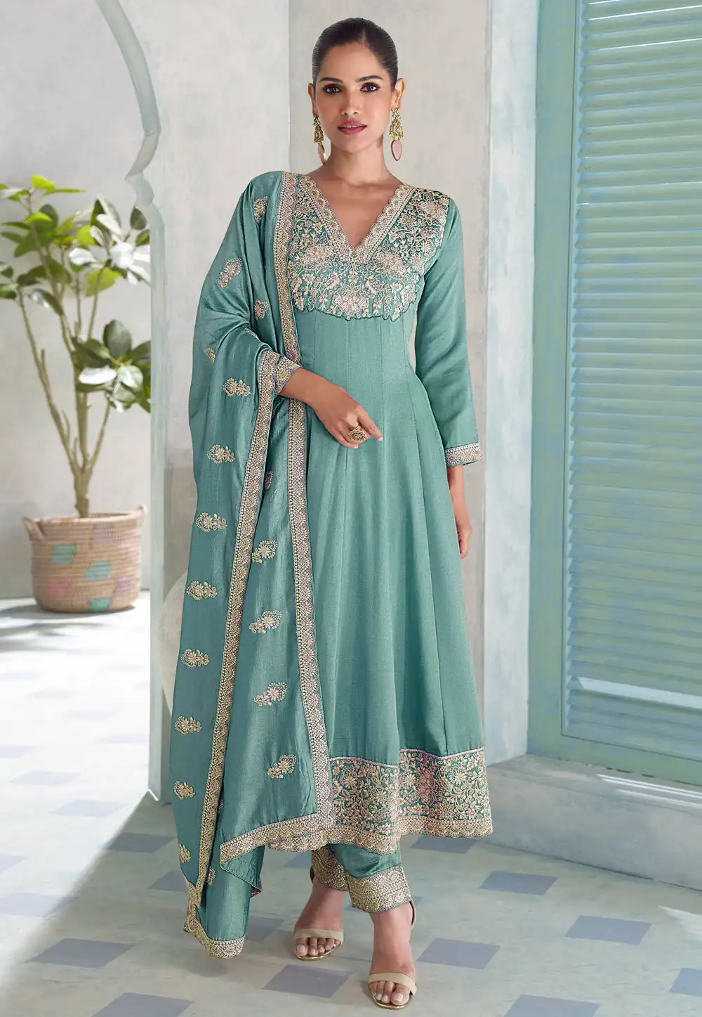Sky Blue Silk Anarkali Suit 320411