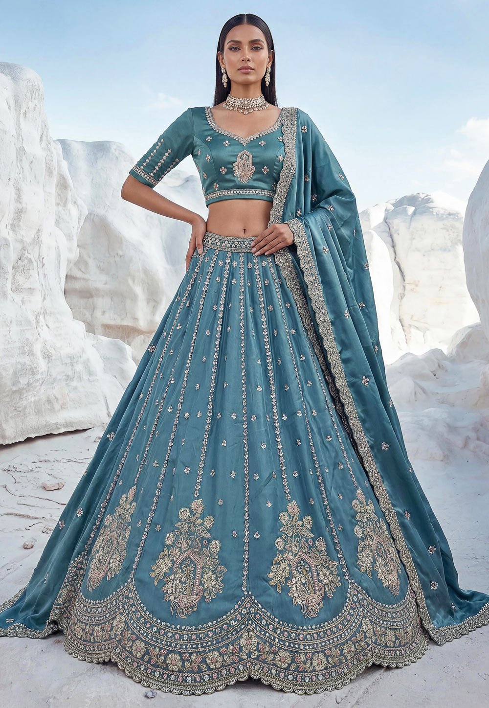 Sky Blue Silk Circular Lehenga Choli 329126