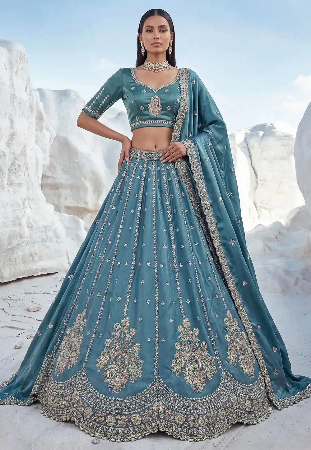 Sky Blue Silk Circular Lehenga Choli 329126