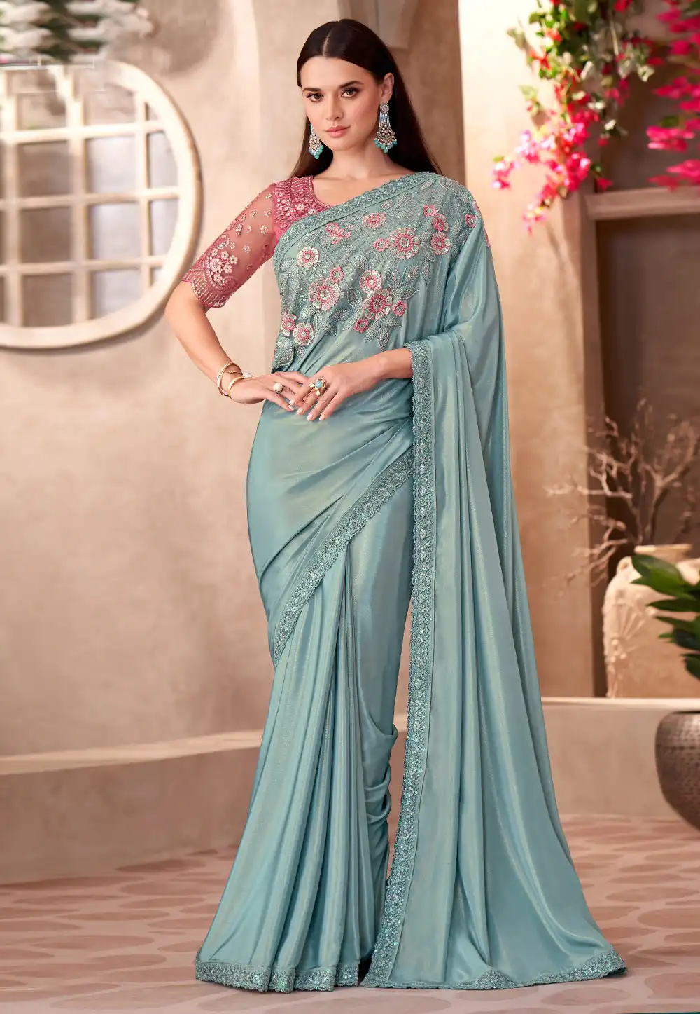 Sky Blue Silk Crepe Designer Saree 314315