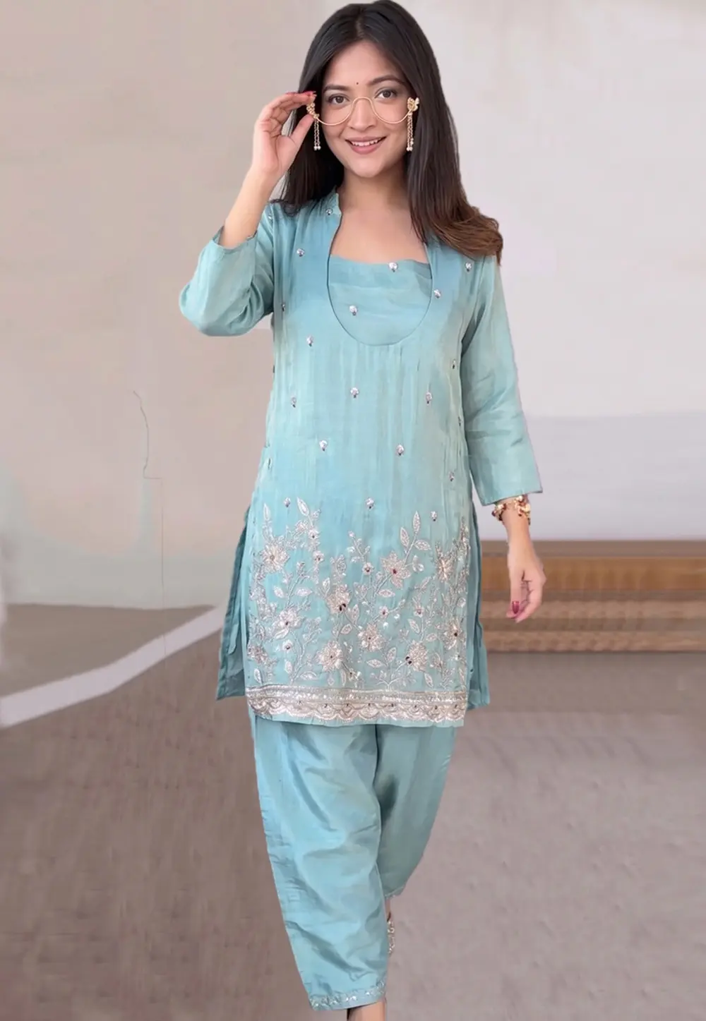 Sky Blue Silk Crepe Kurta Set With Palazzo 331454