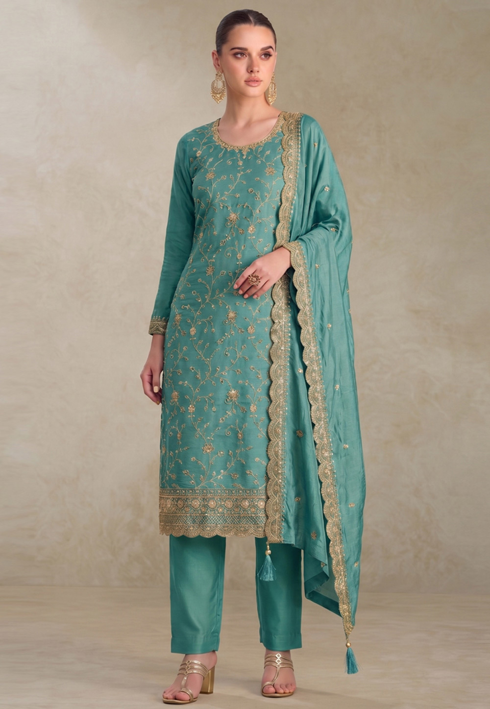 Sky Blue Silk Embroidered Pakistani Suit 329749