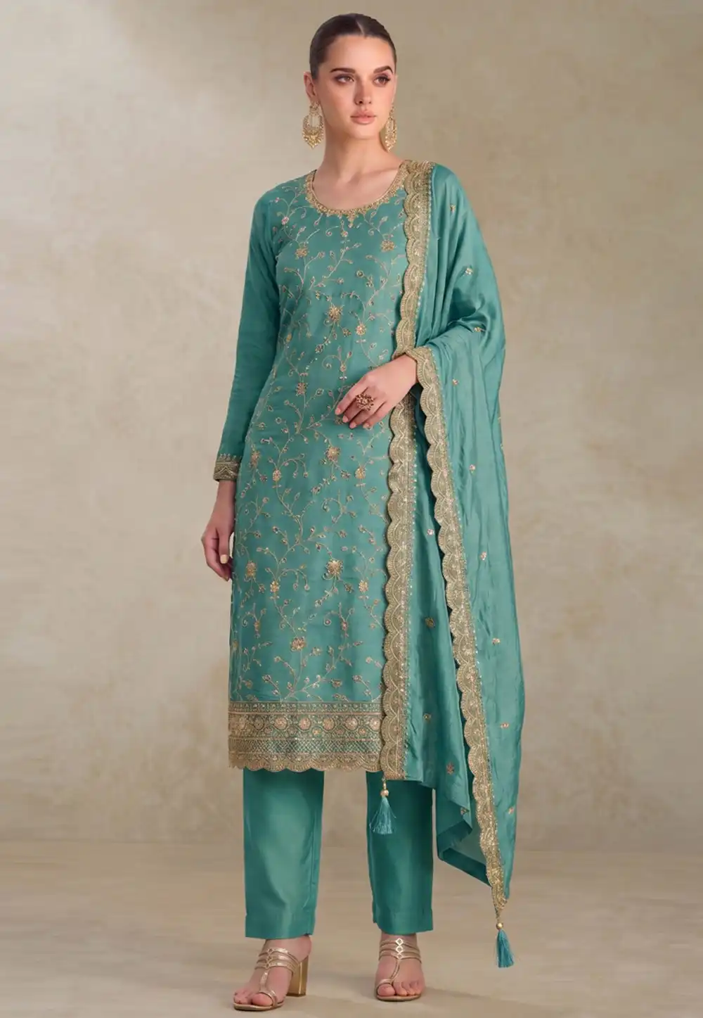 Sky Blue Silk Embroidered Pakistani Suit 329749
