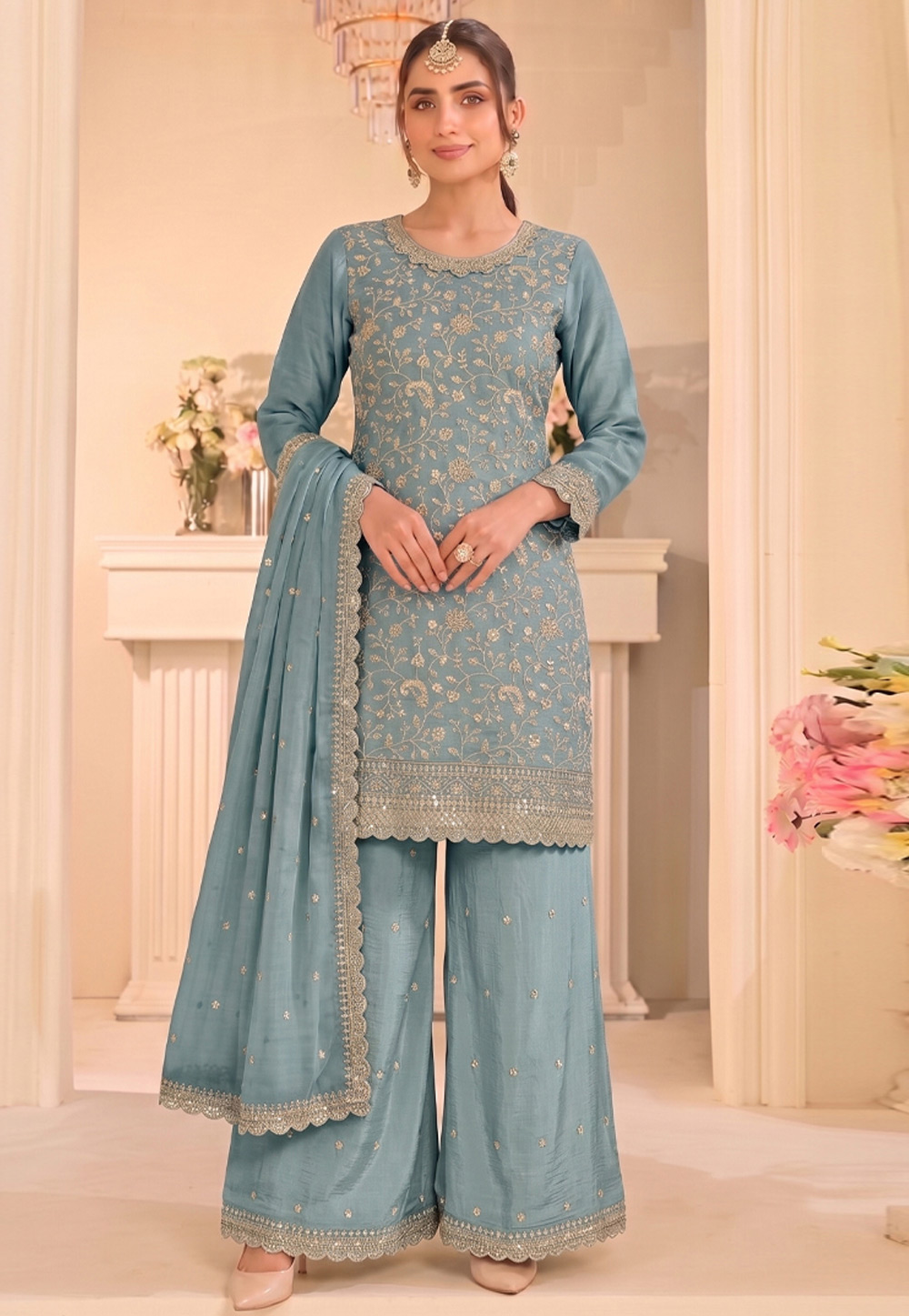 Sky Blue Silk Embroidered Palazzo Suit 329766