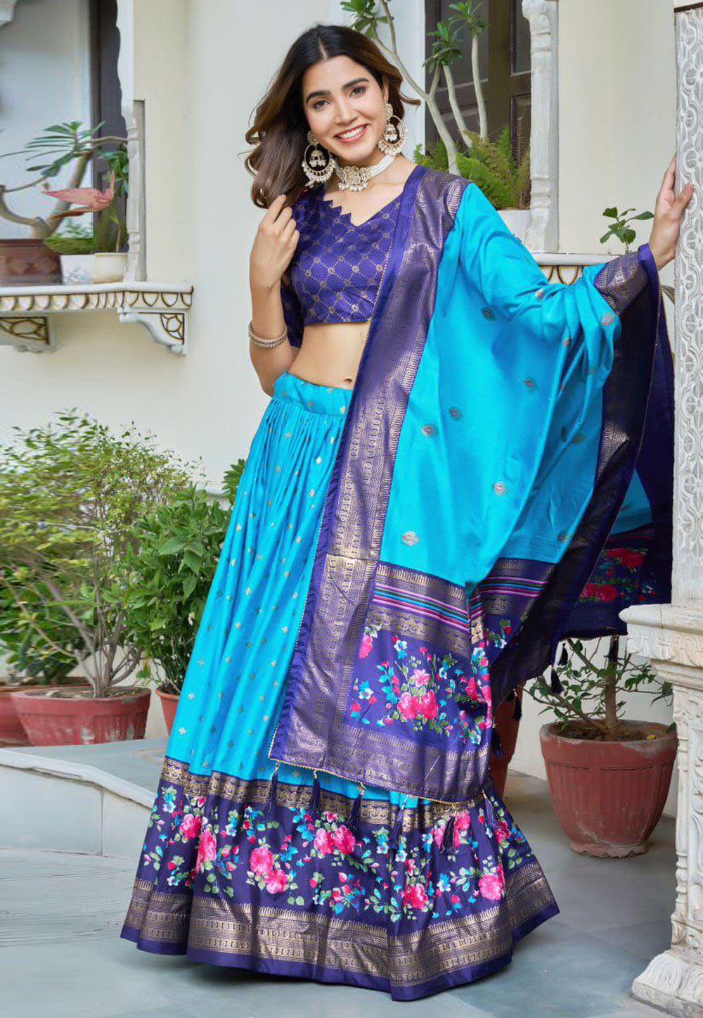 Sky Blue Silk Floral Lehenga choli 327812