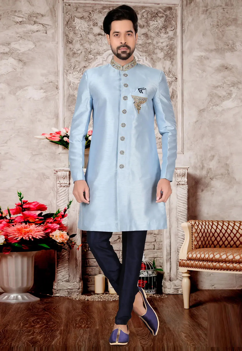 Sky Blue Silk Indo Western Sherwani 302973