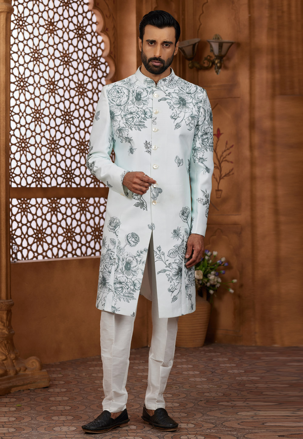 Sky Blue Silk Indo Western Sherwani 306717