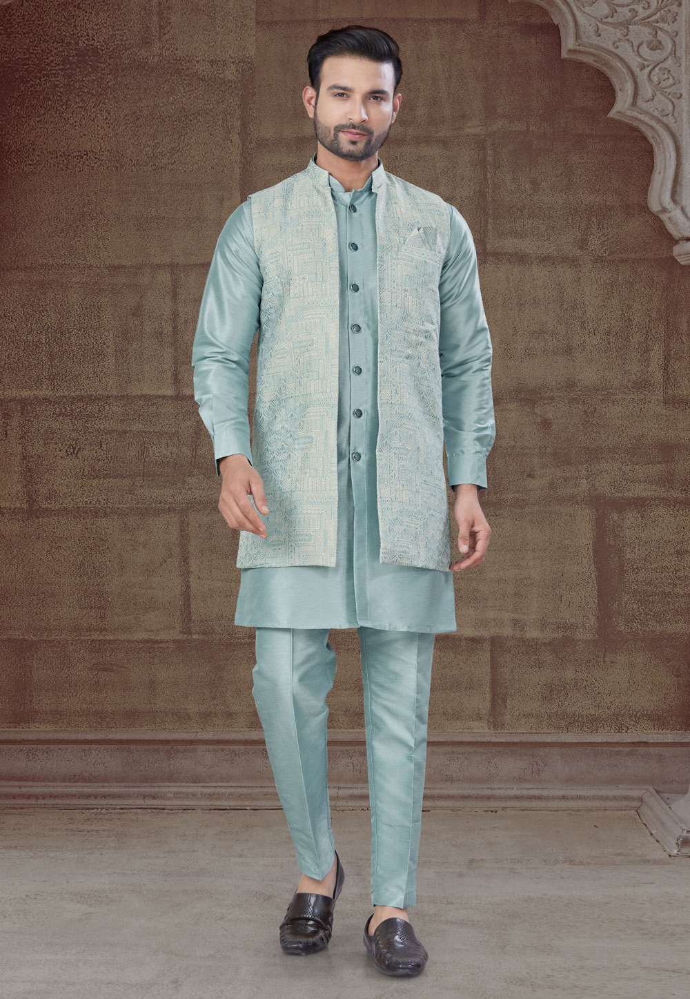 Sky Blue Silk Indo Western Suit 304913