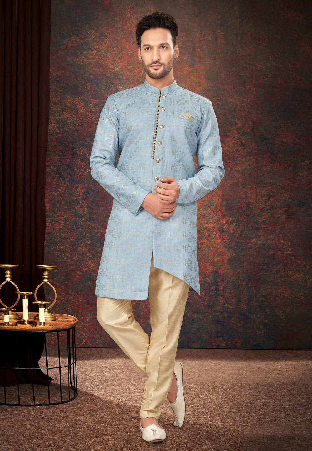 Sky Blue Silk Indo Western Suit 284009