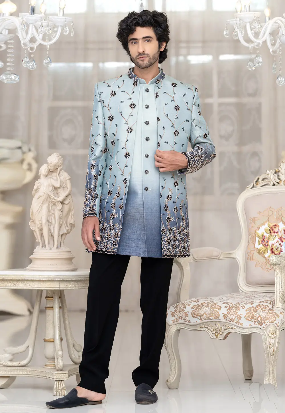 Sky Blue Silk Indo Western Suit 336529